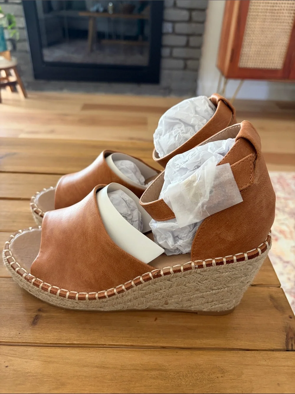 BEAST FASHION Cognac Brown Espadrille Wedge Sandals with Ankle Strap